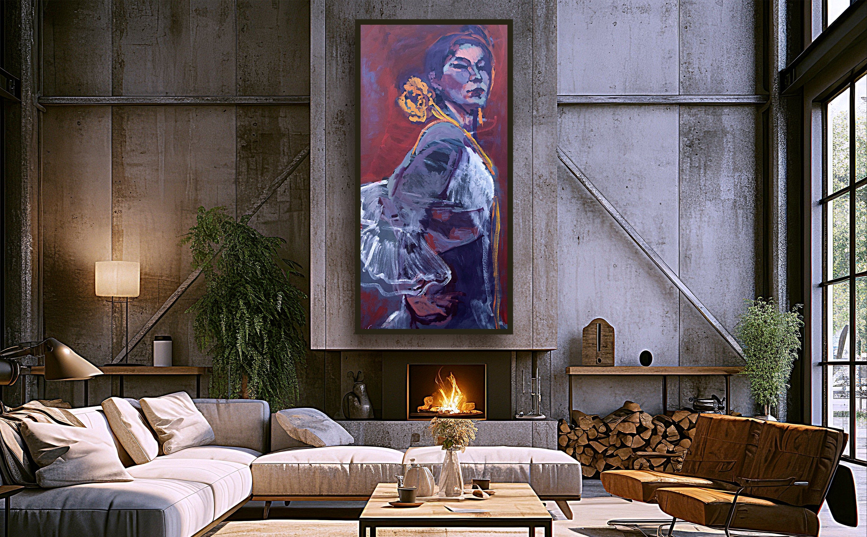 Modern living room with a figurative large abstract painting on the wall, a fireplace, and a cozy sofa.