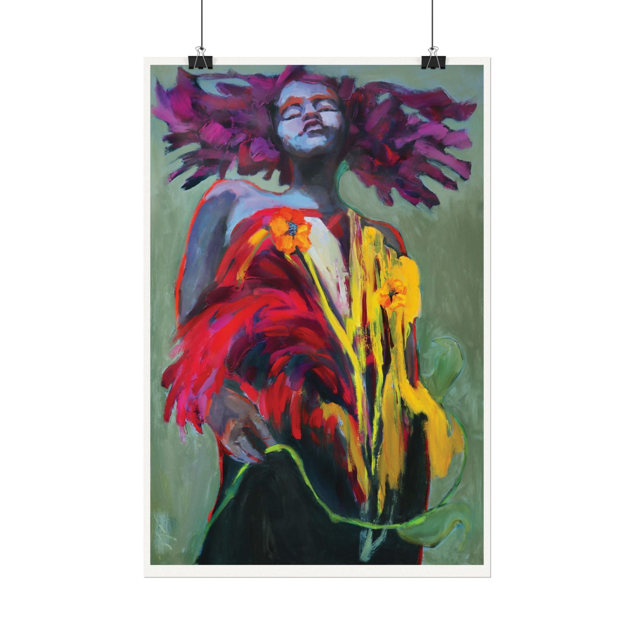 Colorful abstract painting of a figure with flowers on a green background