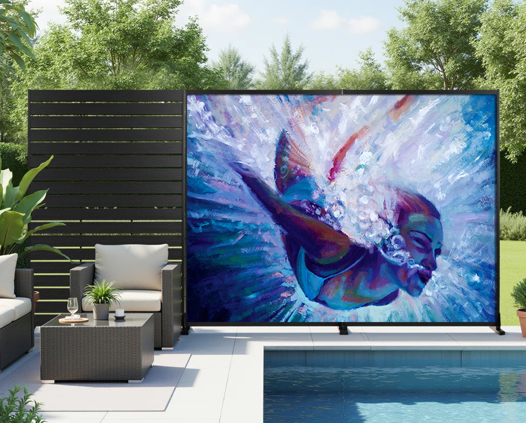 Outdoor pool with a large open air painting of an underwater scene, surrounded by greenery and patio furniture.