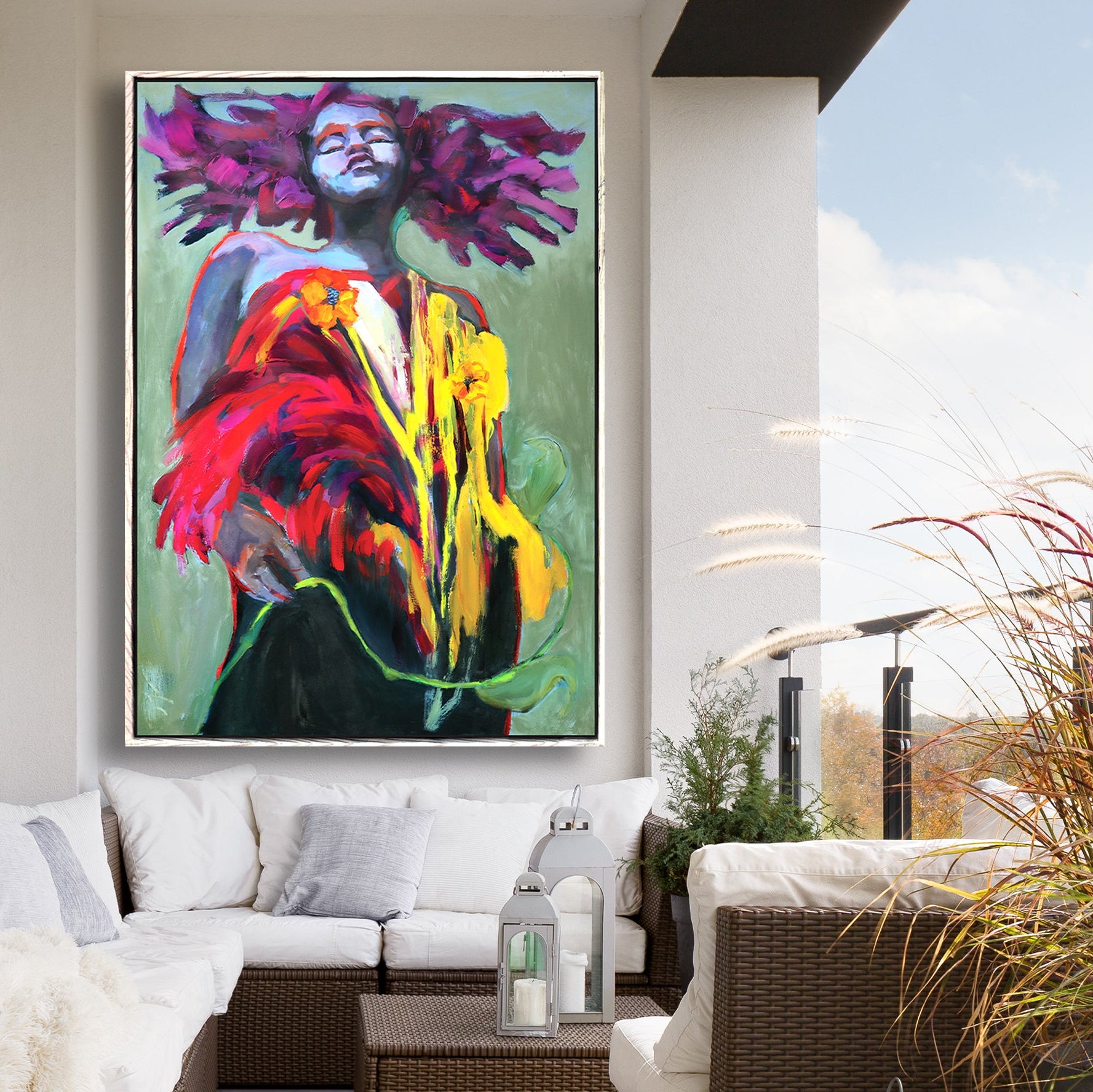 Colorful abstract painting of a woman with flowers in a modern living room.