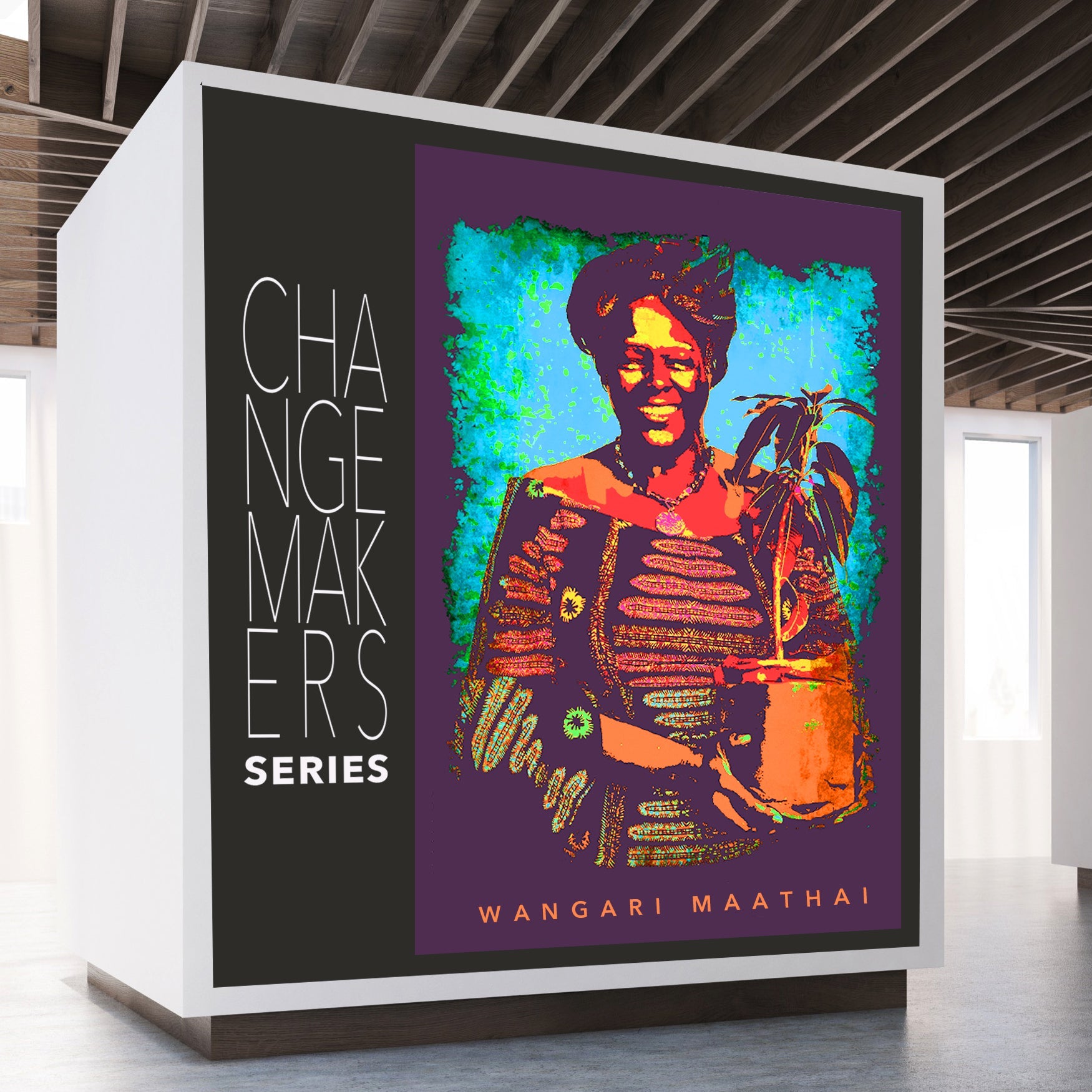 Art installations in a gallery with 'Change Makers Series' labels.