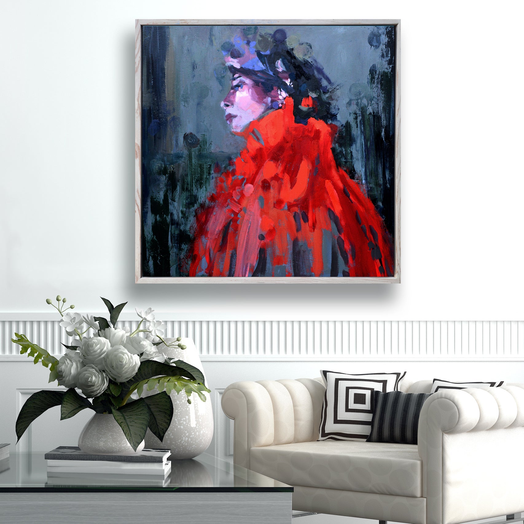 "Her Red Cape" Framed Original Oil, 24"x24"